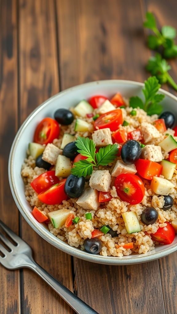 Mediterranean Tuna Quinoa Salad Recipe A colorful bowl of Mediterranean tuna quinoa salad with tomatoes, cucumbers, olives, and parsley.